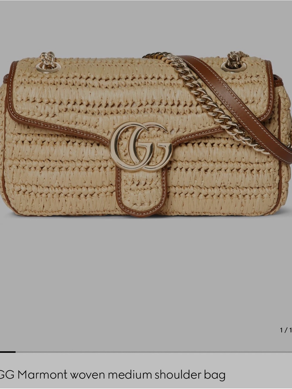 Gucci Natural Woven Raffia Shoulder Bag with Brown Trim